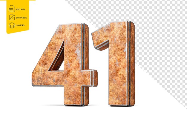 Número cuarenta y uno 41 dígitos hechos de viejo hierro oxidado textura de metal fondo blanco ilustración 3d