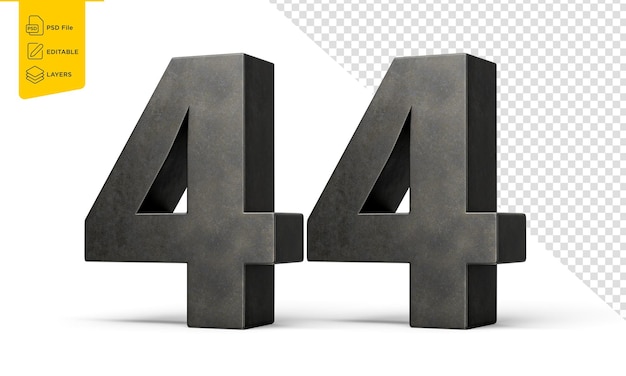 Número cuarenta y cuatro 44 dígitos hechos de hierro fundido liso gris sobre fondo blanco Ilustración 3d