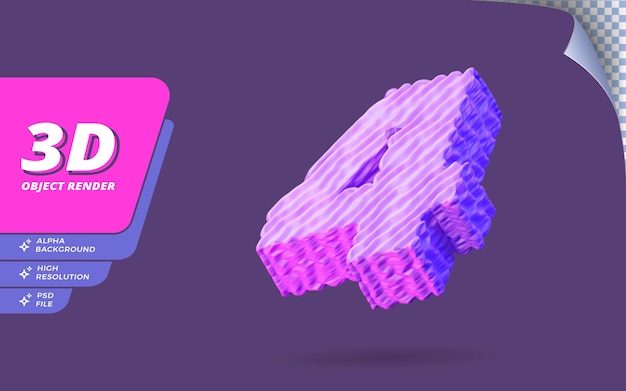 Número cuatro, número 4 en 3D Render aislado con ilustración de diseño de textura de alambre púrpura topográfico abstracto