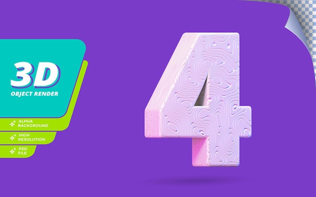 Número cuatro, número 4 en 3d render aislado con ilustración de diseño de textura ondulada blanca topográfica abstracta
