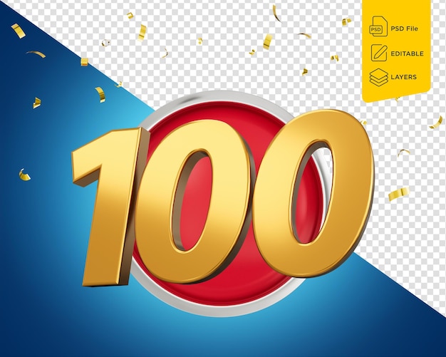 Numero d'oro 100 su icona rossa arrotondata con particelle su sfondo blu Illustrazione 3D