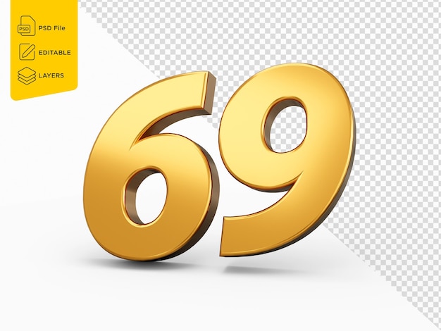 Numero d'oro 69 69 Isolato sullo sfondo bianco lucido 3d Numero 69 realizzato in oro 3d Illustrazione