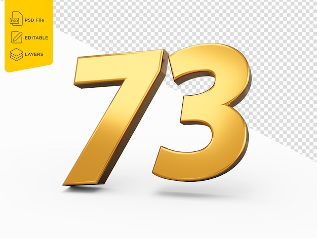 Numero d'oro 73 Settantatre su sfondo isolato numero 3d lucido realizzato in oro illustrazione 3d