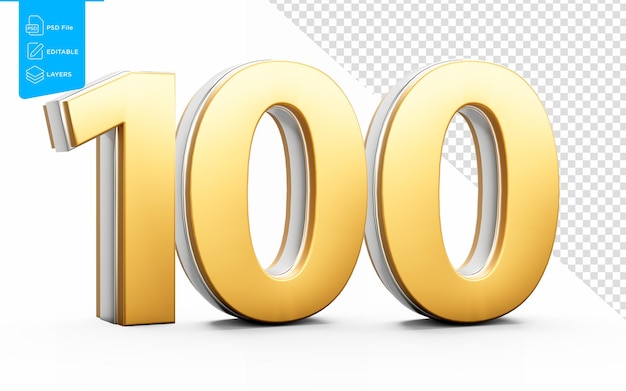 Numero d'oro brillante di 100 cifre con lucciore metallico su sfondo bianco Illustrazione 3D