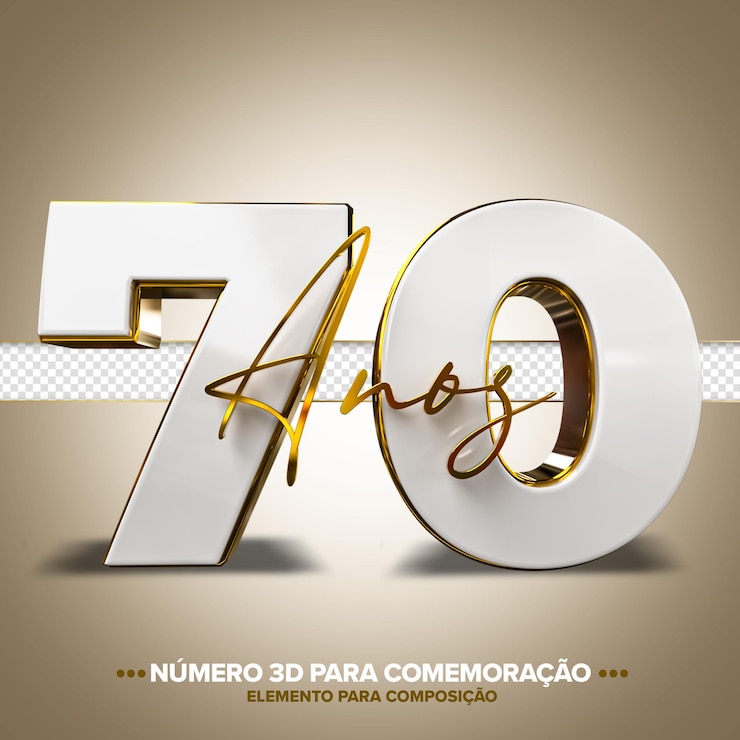 PSD número de comemoração de 70 anos 3d branco e ouro