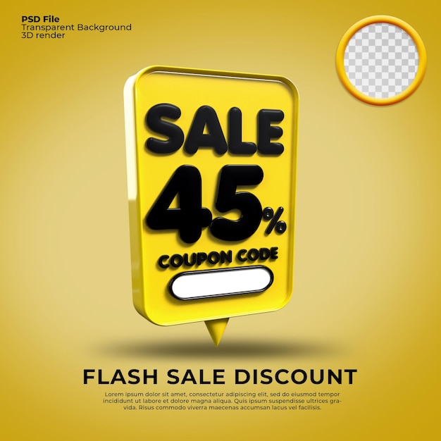 número de desconto de venda em flash 45 porcentagem 3d bolha amarela