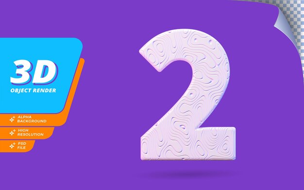 Numéro deux, numéro 2 en rendu 3d isolé avec illustration de conception abstraite topographique blanche texture ondulée