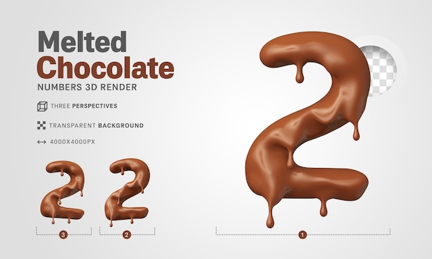 Número dois 2 em chocolate derretido 3d renderização realista para composições de páscoa