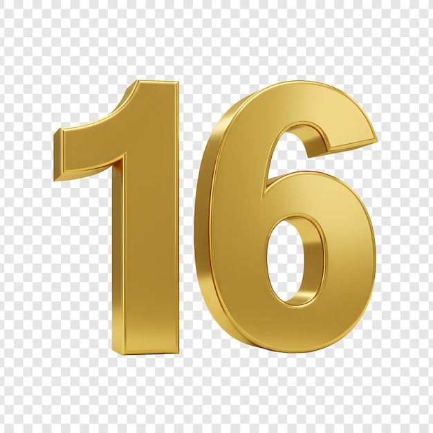 El número dorado 16 aislado en un fondo transparente