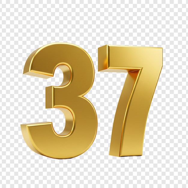 Número dorado 37 aislado en fondo blanco renderizado en 3D
