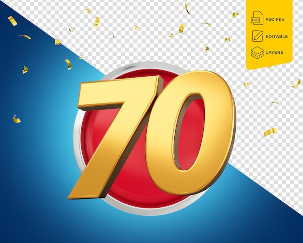 Número dorado 70 setenta en icono rojo redondeado con partículas en fondo azul Ilustración 3d