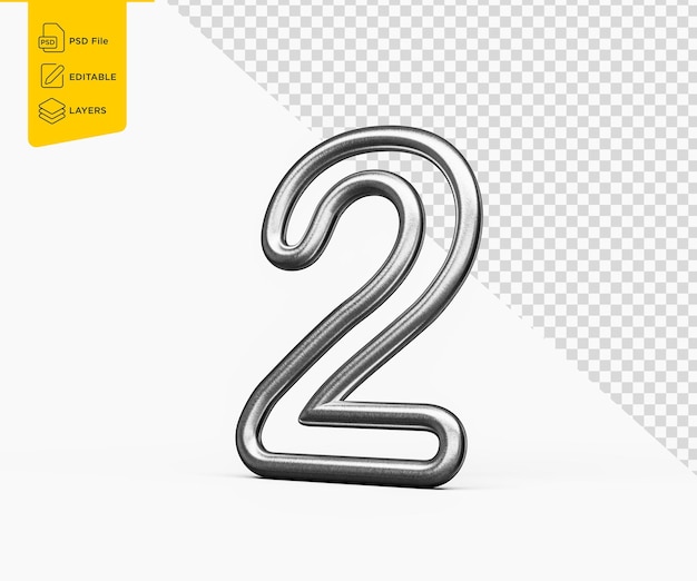 Número dos hecho de brillo metálico plateado con curvas suaves en fondo blanco Ilustración 3D