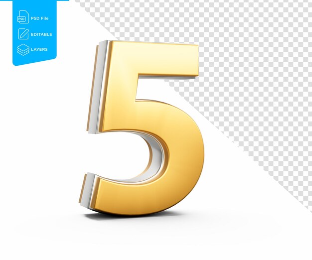 Número dourado brilhante de cinco dígitos com brilho metálico em fundo branco Ilustração 3D
