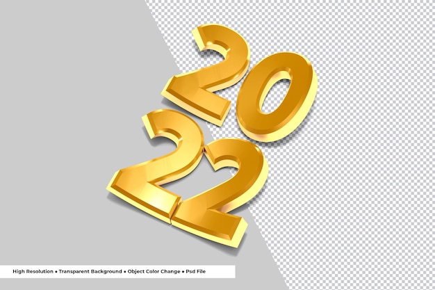 Número dourado de 2.022 renderização em 3d de ano novo