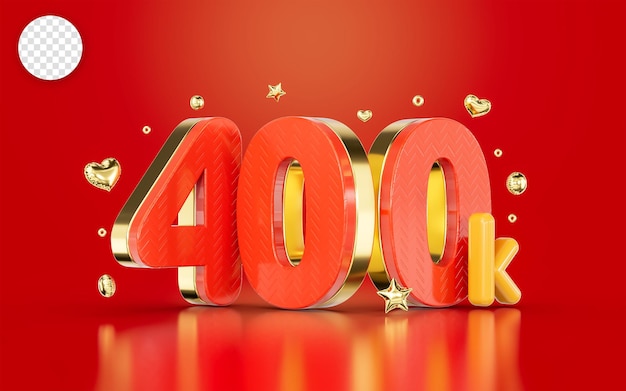 Número dourado vermelho 400k seguidores de mídia social celebração de assinantes 3d render