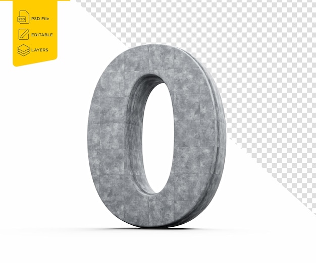 Número de hormigón cero dígito hecho de piedra de hormigán gris sobre fondo blanco Ilustración 3d