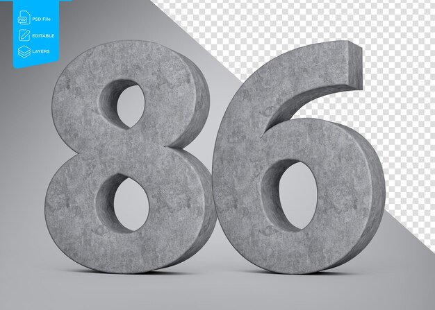 Número de hormigón ochenta y seis ochenta y ocho hecho de piedra de concreto gris sobre fondo gris Ilustración en 3D
