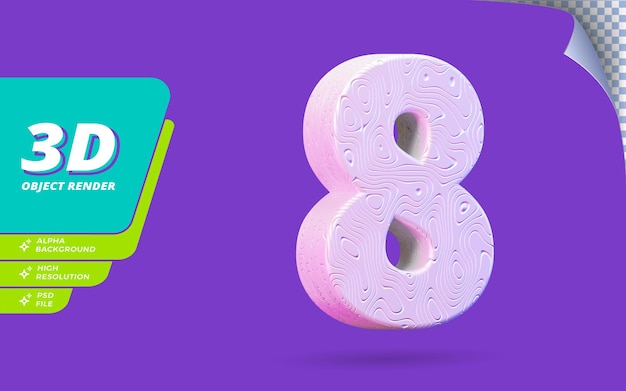 Numéro huit, numéro 8 en rendu 3d isolé avec illustration de conception abstraite topographique blanche texture ondulée