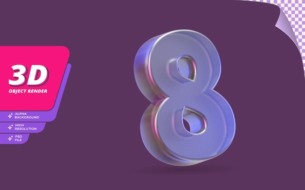 Numéro huit, numéro 8 en rendu 3d isolé avec illustration de conception de texture de cristal de verre métallique abstrait