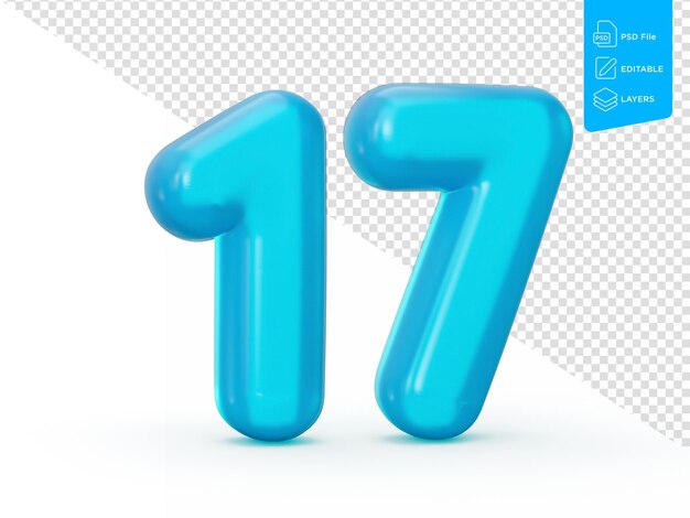 Número de jalea azul 17 diecisiete en fondo blanco jalea número colorido para niños ilustración 3d