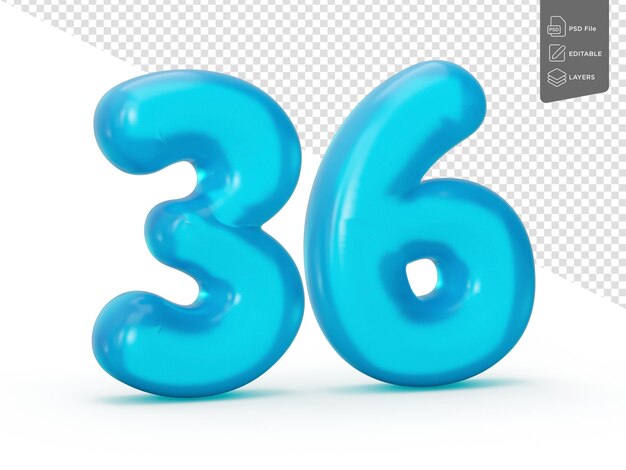 Número de jalea azul 36 Treinta y seis en fondo blanco Jelly Número colorido para niños Ilustración 3d