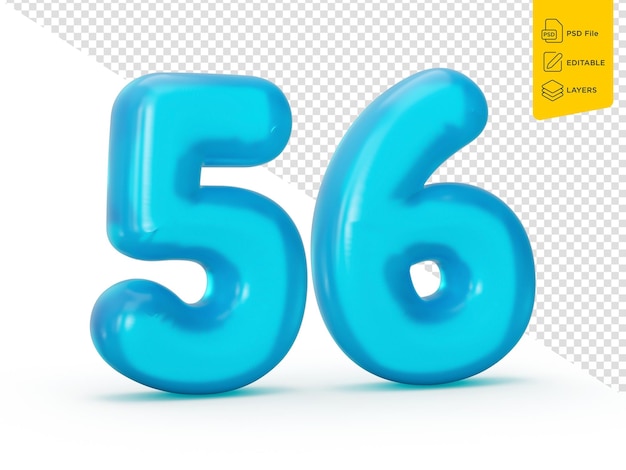 Número de jalea azul 56 Cincuenta y seis en fondo blanco Jelly Número colorido para niños Ilustración 3d