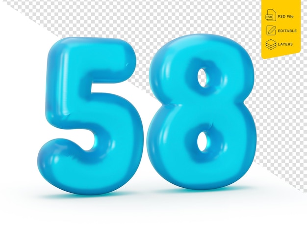 Número de jalea azul 58 cincuenta y ocho en fondo blanco número de jalea colorido para niños ilustración 3d