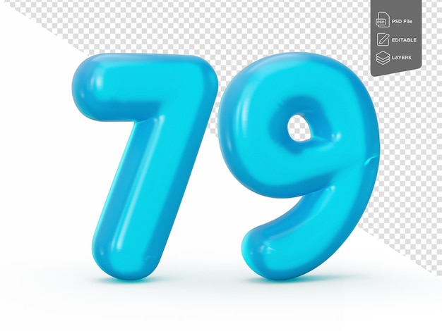Número de jalea azul 79 setenta y nueve aislado en fondo blanco Jelly alfabetos coloridos números para niños ilustración 3D