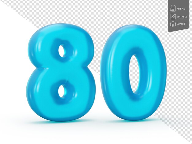 Número de jalea azul 80 Ochenta en fondo blanco Jelly Número colorido para niños Ilustración 3d
