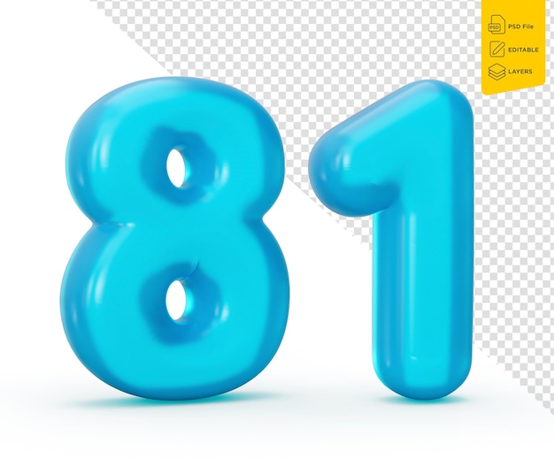 Número de jalea azul 81 81 en fondo blanco número de jalea colorido para niños ilustración 3d