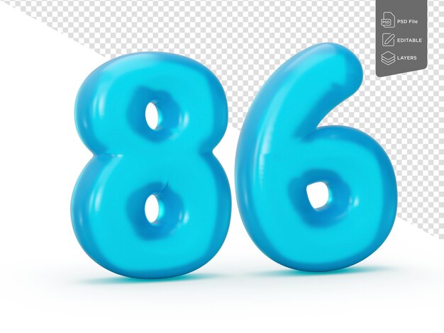 Número de jalea azul 86 Ochenta y seis en fondo blanco Jelly Número colorido para niños Ilustración 3D