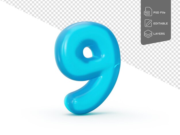 Número de jalea azul 9 nueve en fondo blanco jalea número colorido para niños ilustración 3d