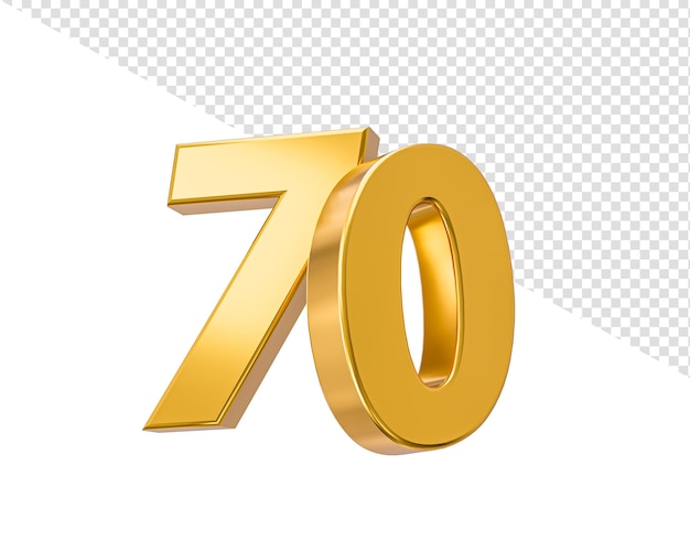 Número metálico dorado 70 Setenta fondo aislado ilustración 3d