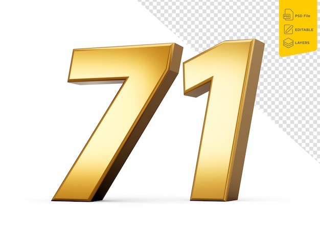 Número metálico dourado 71 setenta e um fundo branco ilustração 3d