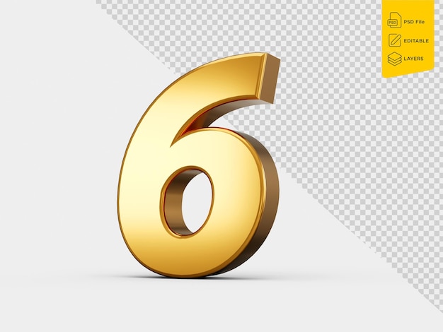 Numéro métallique doré 6 Six isolé sur fond blanc Illustration 3D