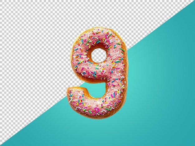 Número nueve hecho de rosquilla con fondo transparente.