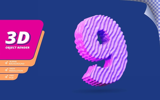 Número nueve, número 9 en 3d render aislado con ilustración de diseño de textura de alambre púrpura topográfico abstracto