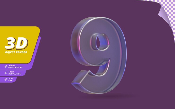 PSD número nueve, número 9 en 3d render aislado con ilustración de diseño de textura de cristal de vidrio metálico abstracto