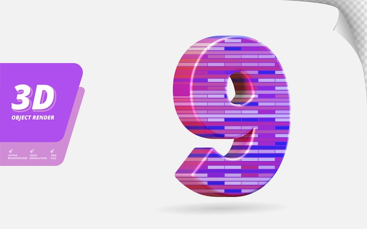 PSD número nueve, número 9 en 3d render aislado con ilustración de diseño de textura metálica abstracta