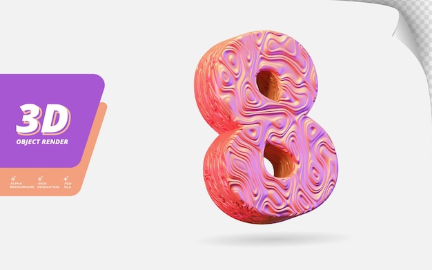 Número ocho, número 8 en 3d render aislado con ilustración de diseño de textura ondulada de oro rosa topográfico abstracto