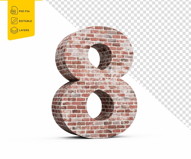 Número ocho ocho dígito hecho de vieja textura grunge pared de ladrillos en fondo blanco ilustración 3D