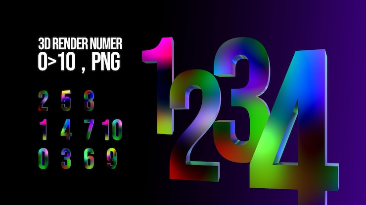 PSD numero olografico 3d da 0 a 10 rendering 3d