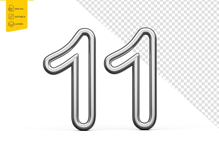 PSD número once hecho de plata fondo blanco metálico ilustración 3d