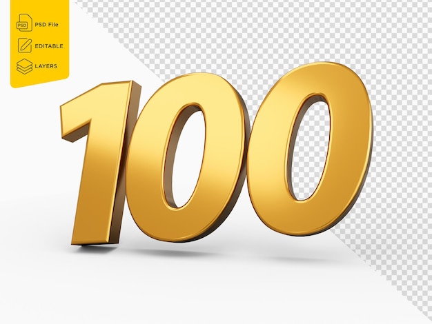 PSD numéro d'or 100 cent sur fond isolé numéro 3d brillant en or illustration 3d