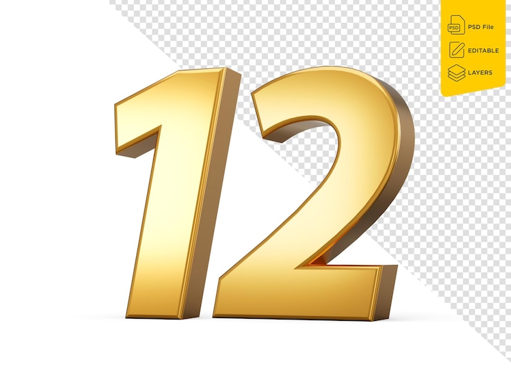PSD numéro d'or 12 douze isolé sur fond blanc brillant 3d numéro 12 fait d'or illustration 3d
