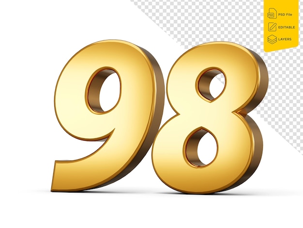 PSD numéro d'or 3d brillant 98 quatre-vingt-dix-huit numéro dor 3d isolé sur fond blanc illustration 3d
