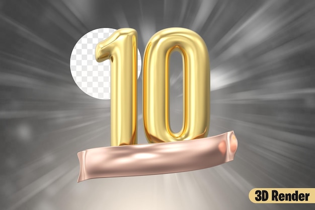 un número de oro 10 con una cinta de oro en el fondo
