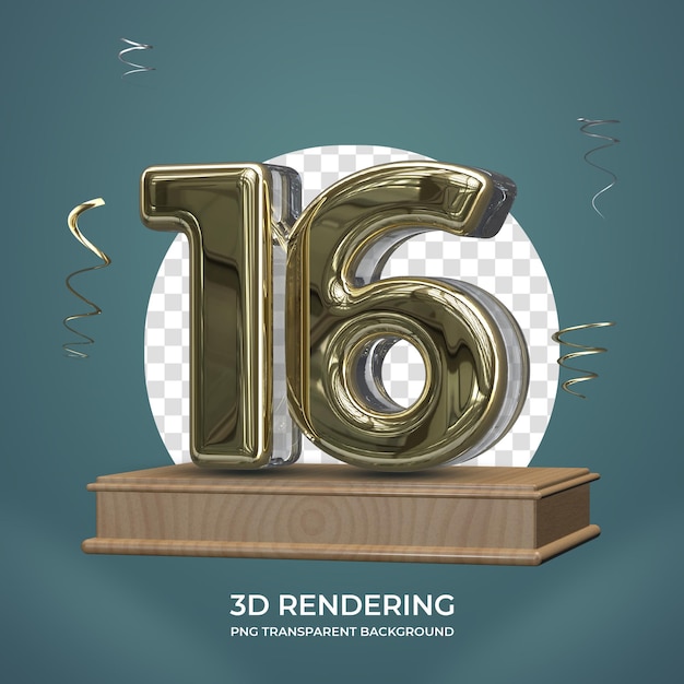 Número de oro 16 en el escenario 3d render fondo transparente