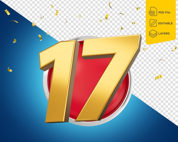 Número de oro 17 Diecisiete en icono rojo redondeado con partículas en fondo azul Ilustración 3d