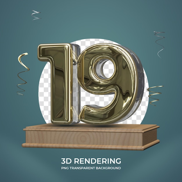 Número de oro 19 en el escenario 3d render fondo transparente